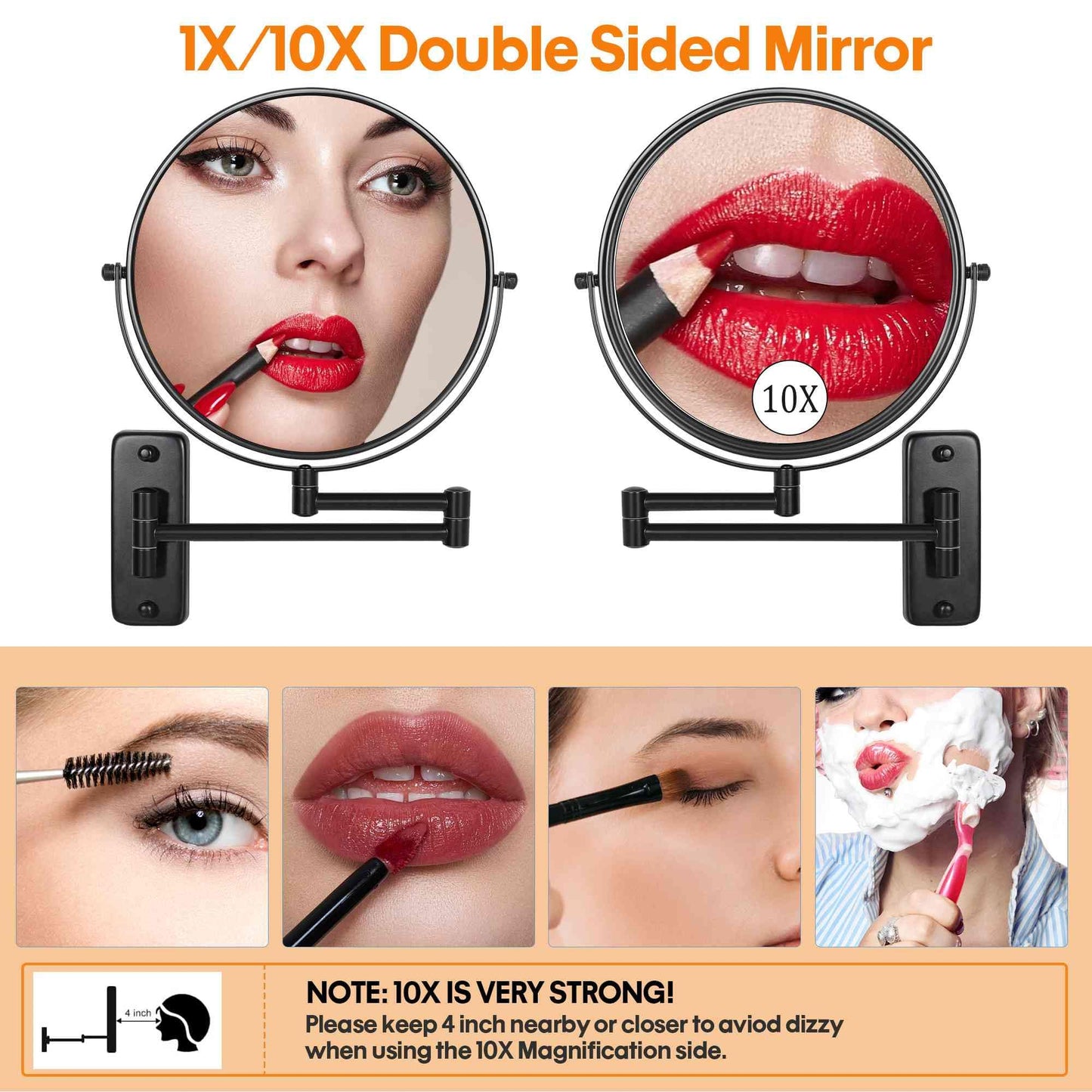 Large Size 9-in Wall Mounted Magnifying Makeup Mirror 1X/10X Magnification,Extendable Bathroom Mirrors Wall Mount Vanity Mirror for Shaving,12-in Folding Arm,Flexible Adjustable,Space-Saving,No Light