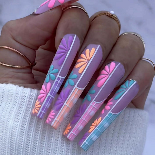 Long Fake Nails Flower Coffin Press on Nails French Tip False Nails with 3D Colorful Floral Designs Matte Purple Acrylic Nails Full Cover Stick on Nails Summer Glue on Nails for Women DIY Manicure