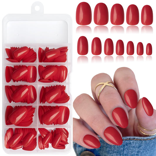 Lifextol Short Press on Nails Almond Fake Nails, 240 Round Almond Press on Nail Short Full Cover Acrylic Presson Nail Tips Red Artificial False Fingernails & Nail Glue Adhesive Tabs for Women Kids