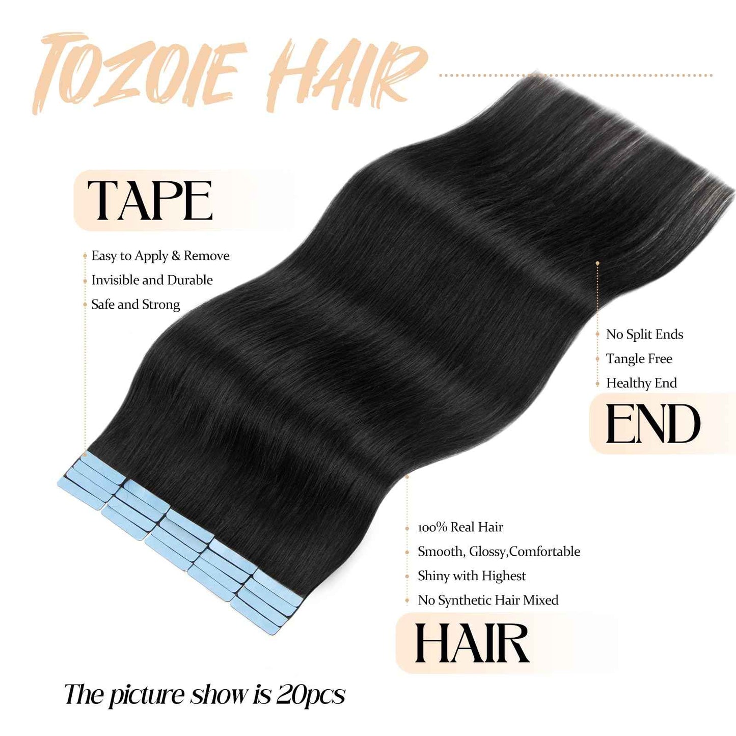 Tape in Hair Extensions Real Human Hair 18Inch Remy Seamless Invisible Tape in Extensions Jet Black Color Straight Human Hair Extensions for Women 50G 20Pcs Add Volume Double Sided Tapes