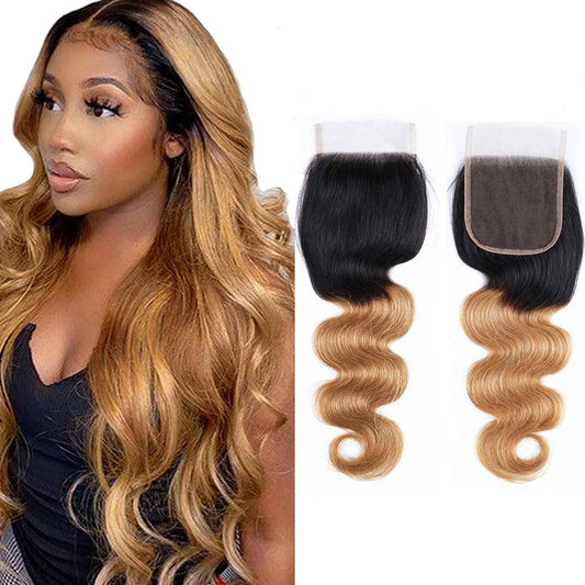 KAFEIER 1B27 Lace Front Body Wave Closure - 4X4 Preplucked Brazilian Human Hair Extensions With Bleached Knots - Ombre Wet and Wavy for Women - 18 Inch