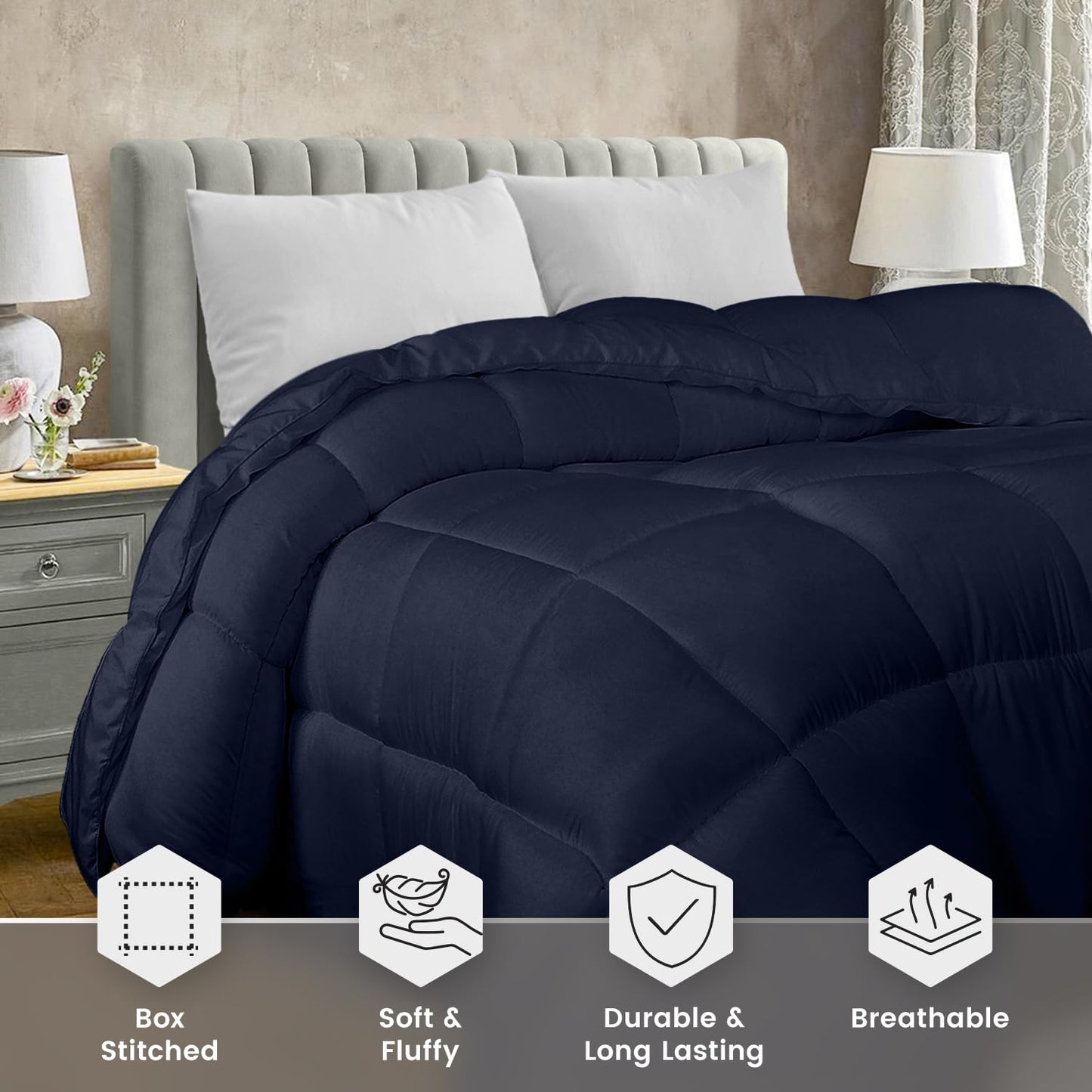 Utopia Bedding Comforter Duvet Insert, Quilted Comforter with Corner Tabs, Box Stitched Down Alternative Comforter King (Navy)