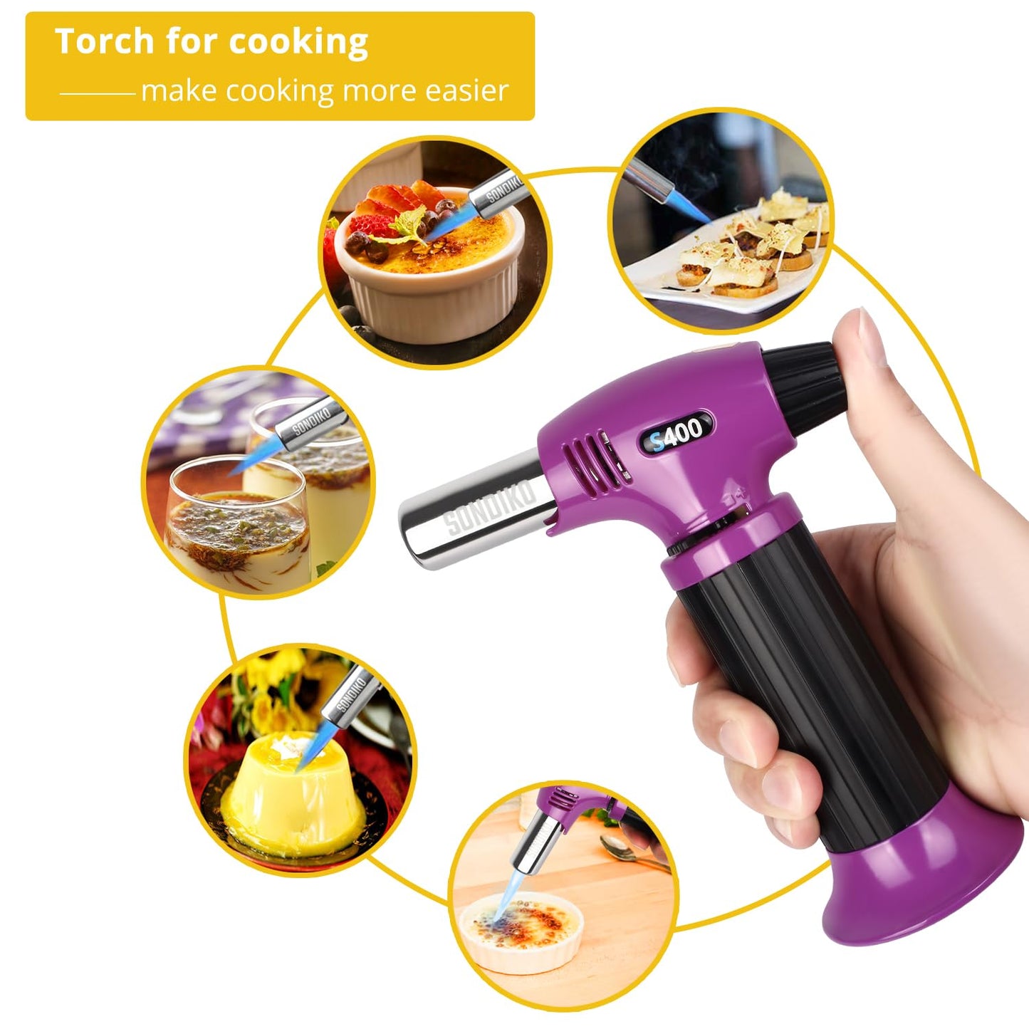 Sondiko S400 Butane Torch, Refillable Kitchen Lighter, Purple & Black, Fits All Butane Tanks, Adjustable Flame for Creme Brulee & Baking—Butane Gas Is Not Included