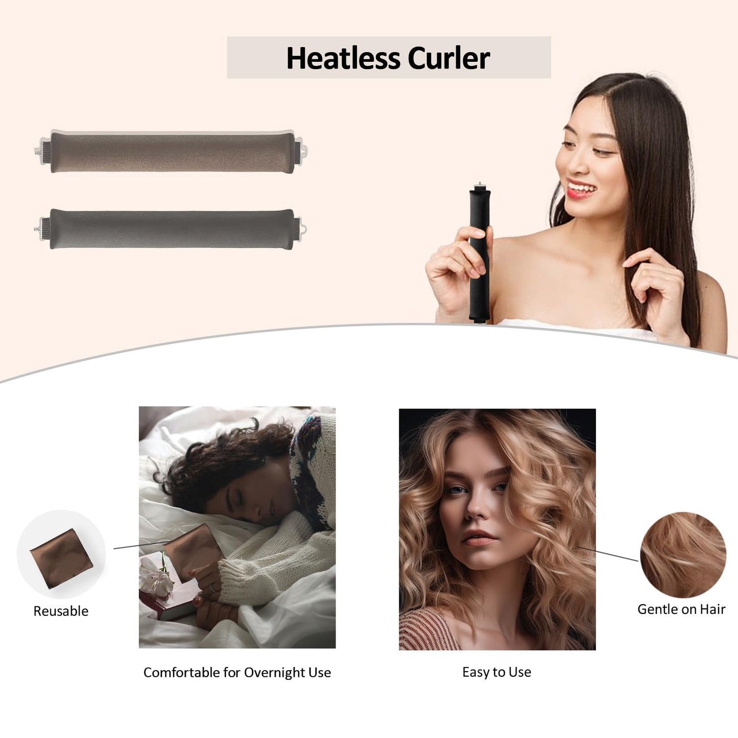 Beiskll Heatless Curling Set - No Heat Blowout Rods & Wrap for Overnight Curls on All Hair Types (Black+Brown)