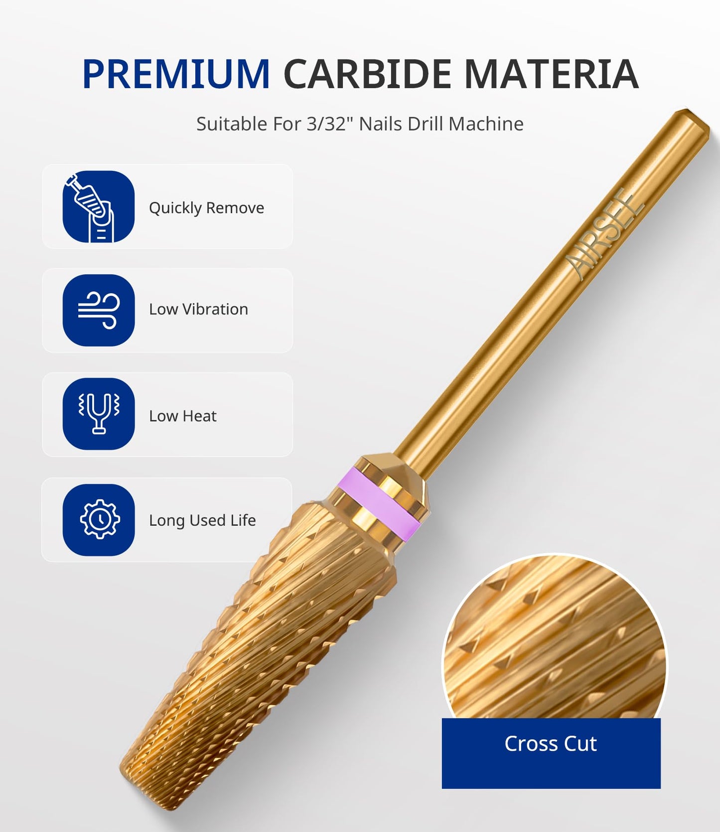 AIRSEE Upgrade 5 in 1 Pro Nail Drill Bits,Carbide Tungsten Acrylic Nail Drill Bit Efile Electric File Machine,3/32''for Manicure Pedicure Cuticle Gel Polishing, Professional Tech Use Gold-XXC+M+XXF