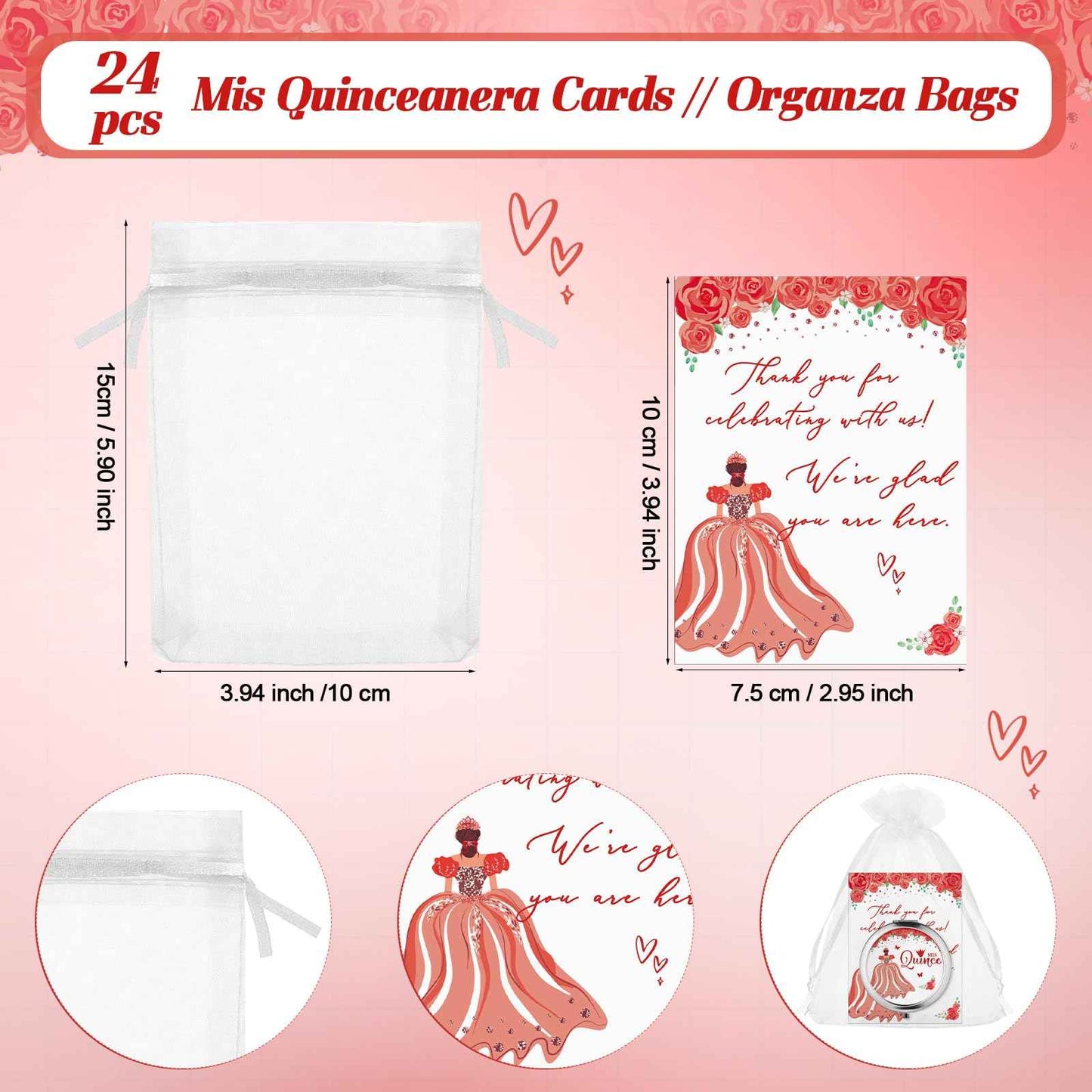 Menkxi 24 Sets Quinceanera Party Favors for Guests Mis Quince Compact Pocket Mirrors and Quinceanera Cards with Organza Bags for 15 Years Sweet Mis Quince Birthday Party Favor (Red)