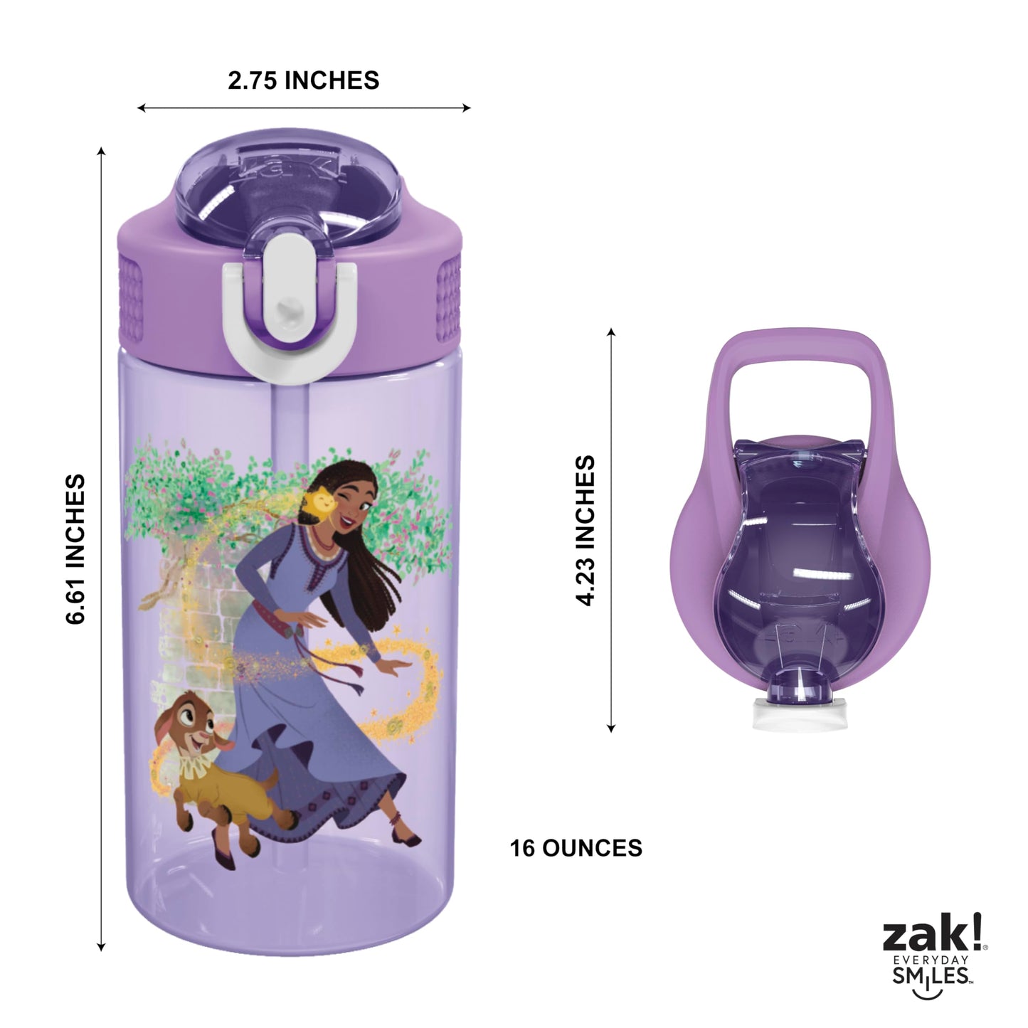 Zak Designs Disney Wish Kids Water Bottle For School or Travel, 16oz Durable Plastic Water Bottle With Straw, Handle, and Leak-Proof, Pop-Up Spout Cover (Asha & Valentino)