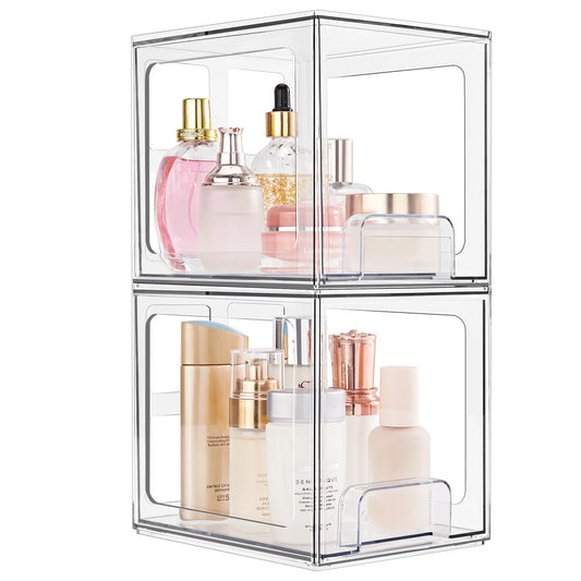 SMARTAKE 2 Pack Stackable Makeup Organizer Drawers, Acrylic Bathroom Organizers, 6.6'' Tall Clear Plastic Storage Drawers for Vanity, Undersink, Kitchen Cabinets, Skincare, Pantry Organization