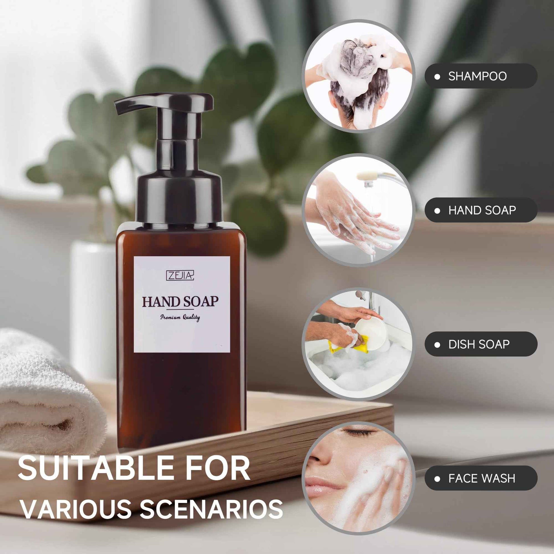 ZEJIA 15OZ Foaming Soap Dispenser, 2-Pack Plastic Hand Soap Dispenser, Refillable Leakproof Foam Pump Bottle with Waterproof Labels, for Shampoo, Body Wash