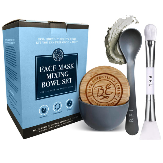 Bare Essentials Living - Clay Face Mask Mixing Bowl Set, Skin Care Kit Facial Bowls with Bamboo Lid, Face Mask Spoon, & Dual Sided Face Mask Brush Applicator for DIY Clay Mask, Facials & Hair (Grey)