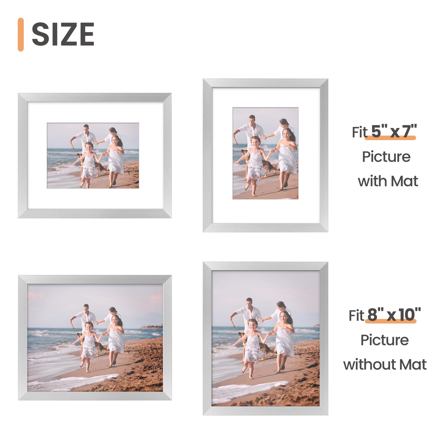 upsimples 8x10 Picture Frame Set of 5, Display Pictures 5x7 with Mat or 8x10 Without Mat, Wall Gallery Photo Frames, Silver