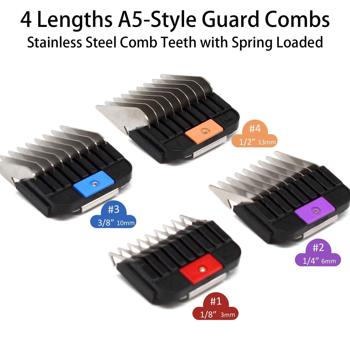 4 Pieces Animal Stainless Steel Attachment Guide Guard Combs for A5 Style Detachable Blade Pet Groomers, 1/8", 1/4", 3/8", 1/2" Compatible with Wahl KM Series Andis AG BG Oster A5 A6 Animal Clippers
