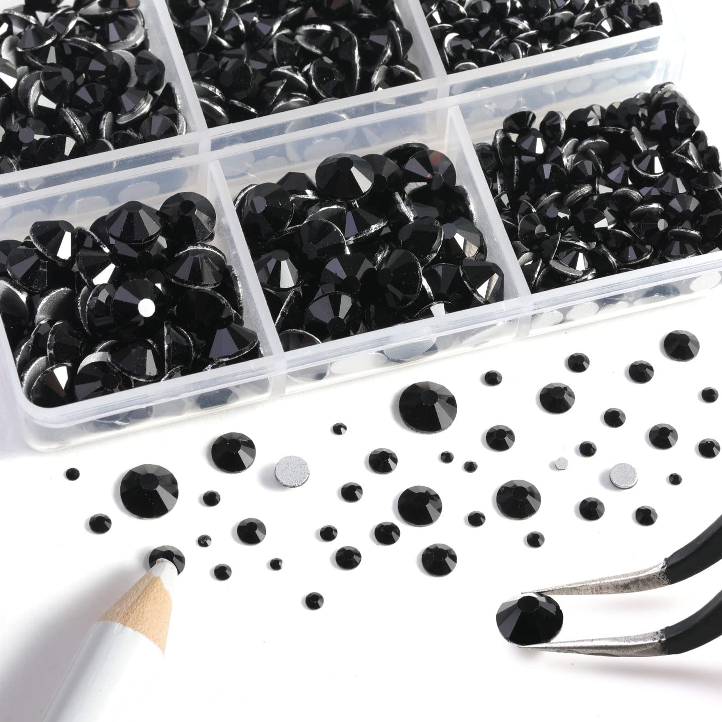 Beadsland 8300PCS Flatback Rhinestones, Black Rhinestone Round Crystal Rhinestones for Crafts, Mixed 10 Sizes with Wax Pencil and Tweezer Kit, SS3-SS30, Jet Black