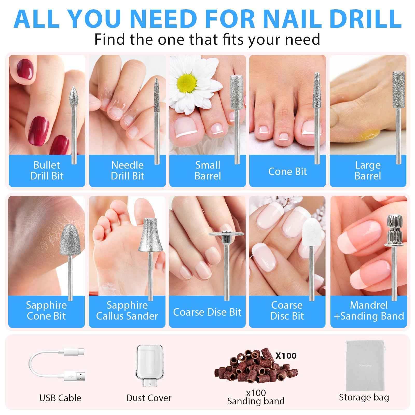 Professional Manicure Pedicure Kit, Cordless Electric Nail File Set, 360° LED Light Nail Drill Machine with LCD Display, 10 Speeds Rechargeable Nail Drill for Gel Nail Thick Toe Nails Christmas Gifts