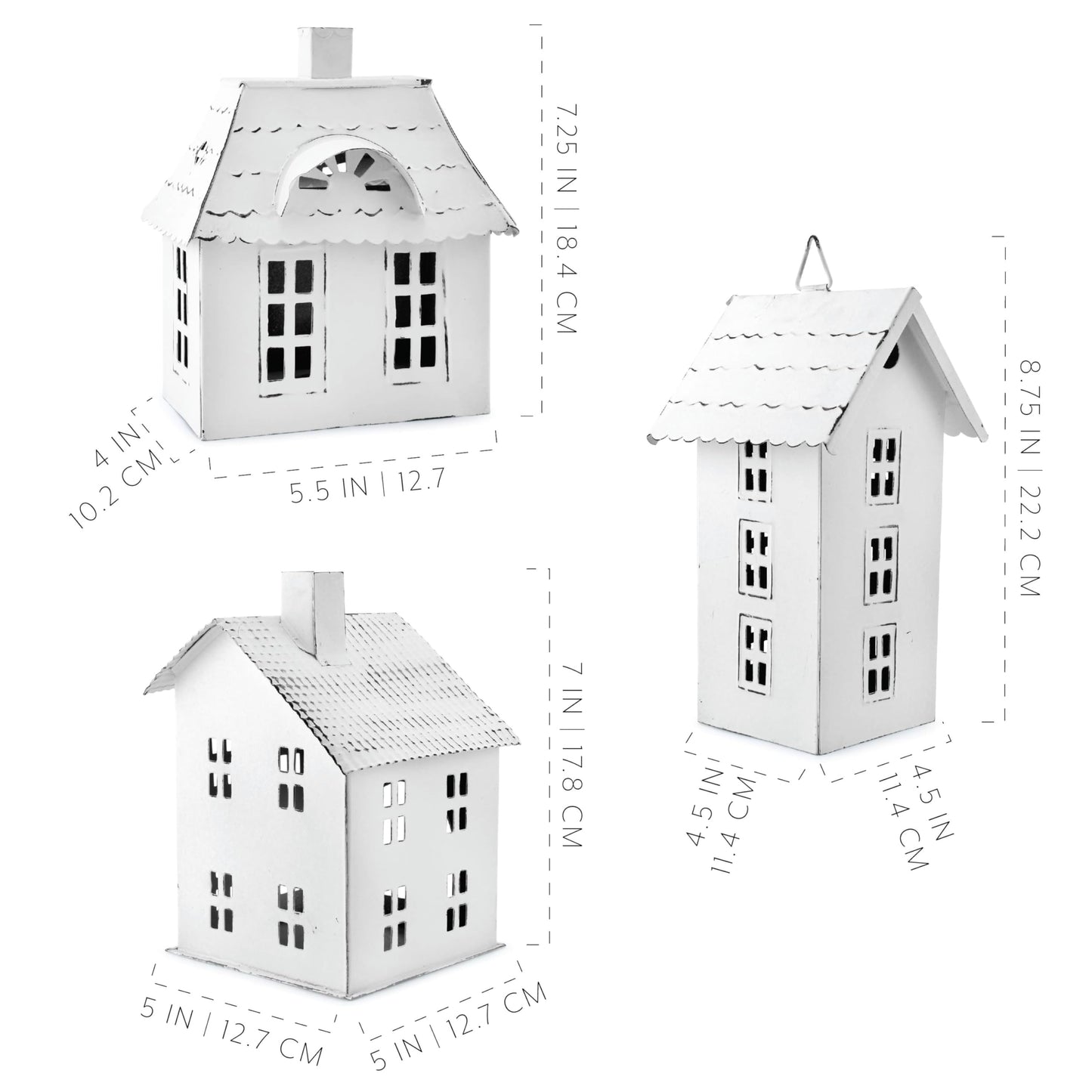 AuldHome Farmhouse Decor Tin Houses (Set of 3, White); Candle Lantern Decorative Holiday Christmas Village Display or Votive Holder