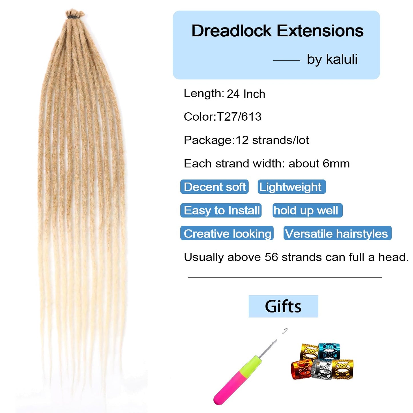 Dreadlock Extensions Single Ended Dreadlocks Dreads 24Inch Ombre Blonde Dread Synthetic Dreadlock Extensions Braid in Dreadlock Extensions Clip in Dreadlocks(T27/613)