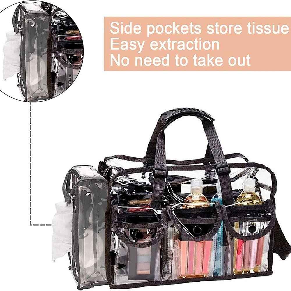 Large Clear Makeup Bag, Transparent PVC Cosmetic Bag with Shoulder Strap and Pockets, Zippered Travel Toiletry Carry Pouch Shoulder Bag