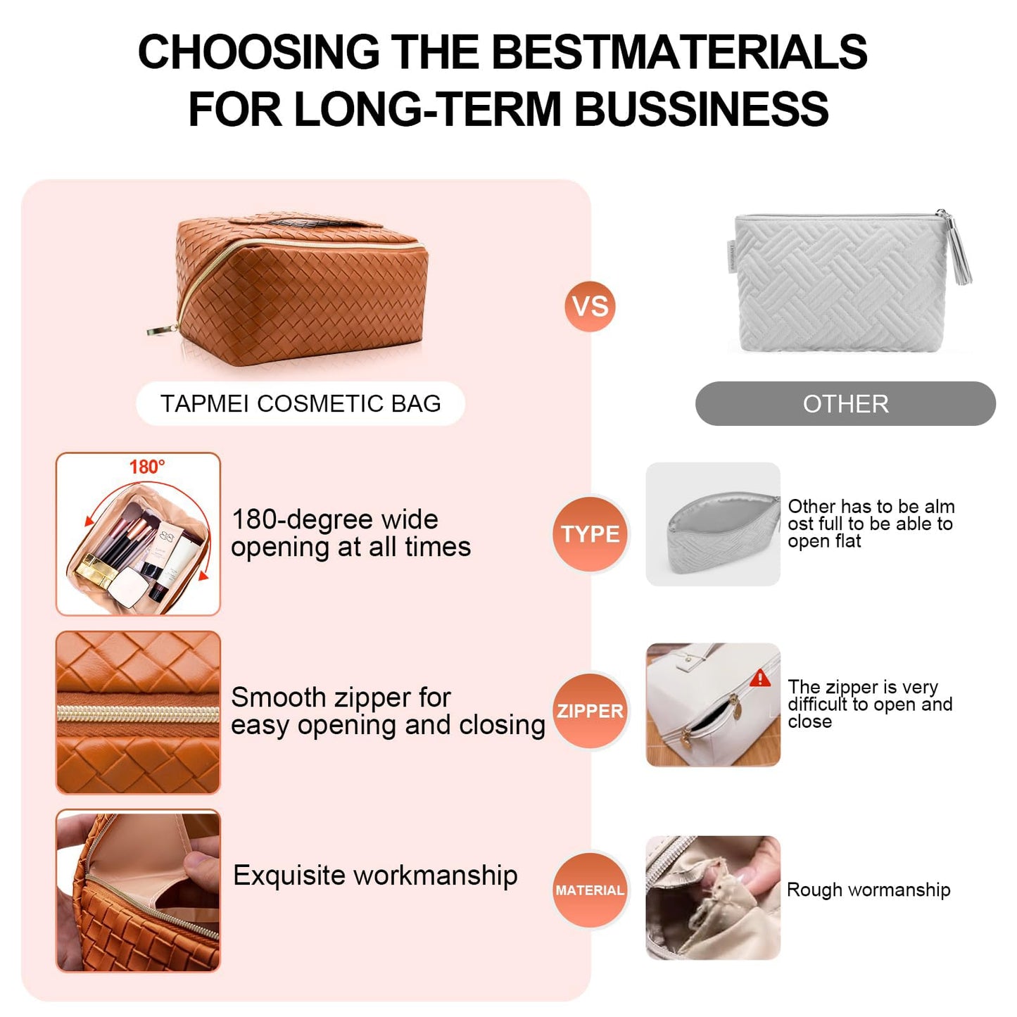 Makeup Bag,Large Capacity Travel Cosmetic Bag for Women, Multifunctional Open Flat Toiletry Bag with Handle,Washable Waterproof Beauty Zipper Makeup Organizer (A-Weave, BROWN)