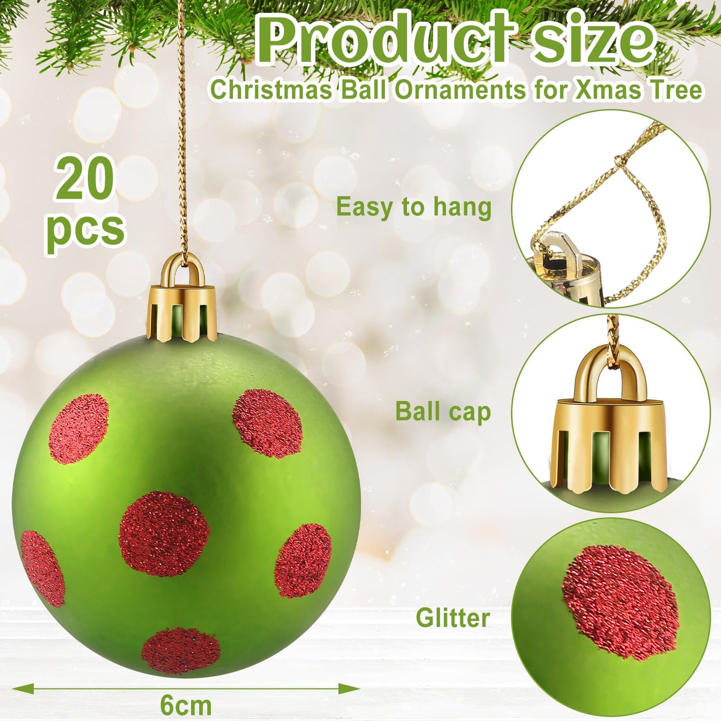 Leyndo 20 Pcs Christmas Balls Ornaments Red Green Christmas Tree Balls Ornaments 2.36 Inch Glittering Christmas Ball Decor Shatterproof Holiday Decorative Hanging Ornaments for Xmas Tree Holiday Party