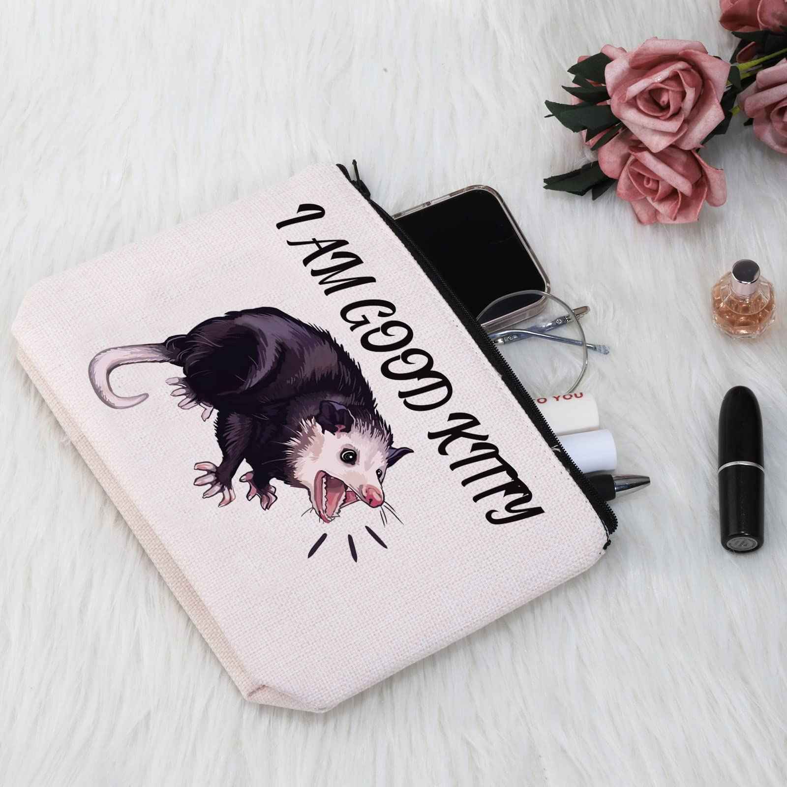 G2TUP Opossum Lover Gift I Am Good Kitty Opossum Makeup Bag Opossum Mom Cosmetic Bag Opossum Whisperer Gift Wildlife Rescue Zipper Travel Pouch (I Am Good Kitty White Bag)