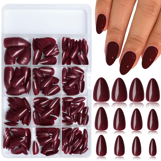 LuckForever 360pc XS Almond Press on Nails Short Fake Nails Burgundy Glue on Nails XS Short Acrylic Nails Press ons Nail Almond Artificial Fingernails False Nails Tips with Nail Glue Adhesive File