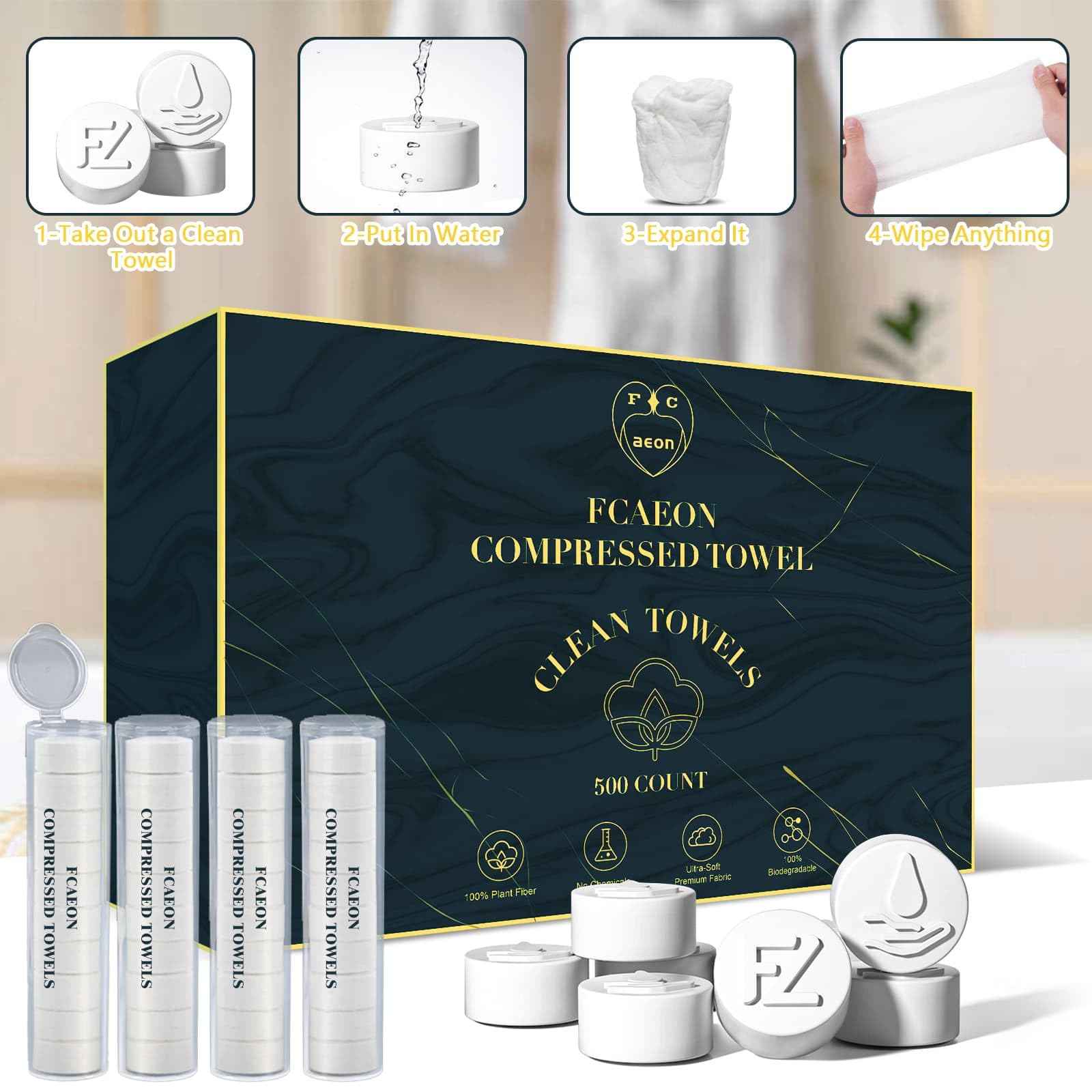 Fcaeon Compressed Towel Tablets 500 Pcs Disposable Face Towel With 4 Dispenser Bottles Cloths Camping Hiking Outdoor Gear Family Travel Gym Workout Fitness Emergency Use Portable Washcloths(Blue)