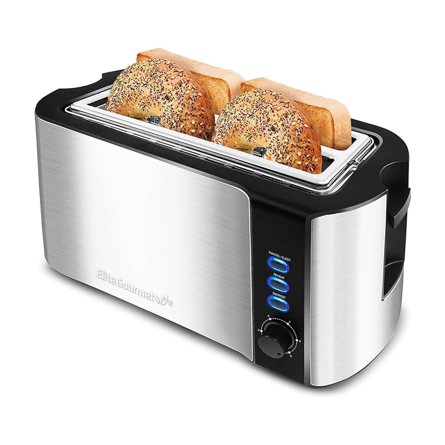 Elite Gourmet ECT-3100# Long Slot 4 Slice Toaster, Reheat, 6 Toast Settings, Defrost, Cancel Functions, Built-in Warming Rack, Extra Wide Slots for Bagels Waffles, Stainless Steel & Black