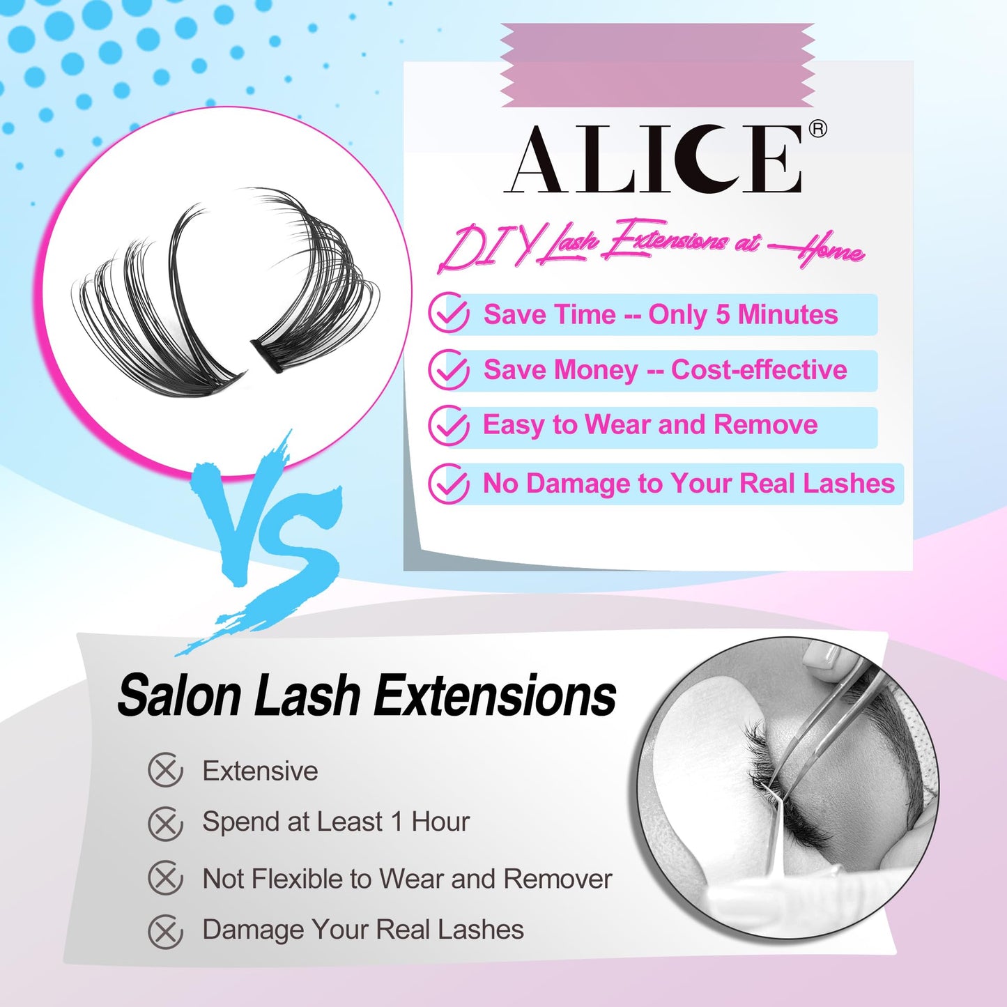 ALICE DIY Lash Extension Kit Natural Lash Clusters Kit 40D+50D Wispy Fluffy Eyelash Extension Kit 10-18mm Individual Lashes 280pcs with Lash Glue Bond and Remover Lash Applicator for Beginners