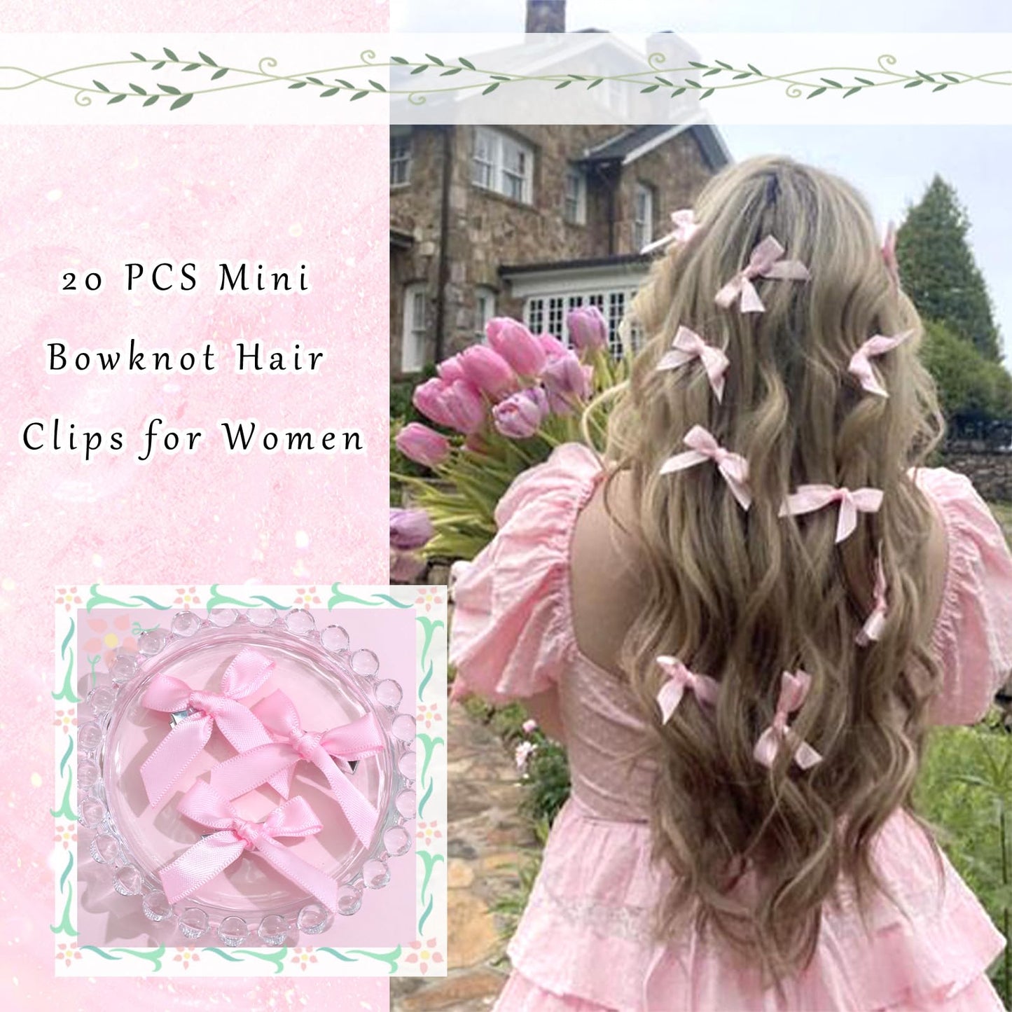 SAWINDA 20PCS Pink Mini Bowknot Ribbon Barrettes - Cute Claw Clips for Teens, Women & Girls' Hair Accessories