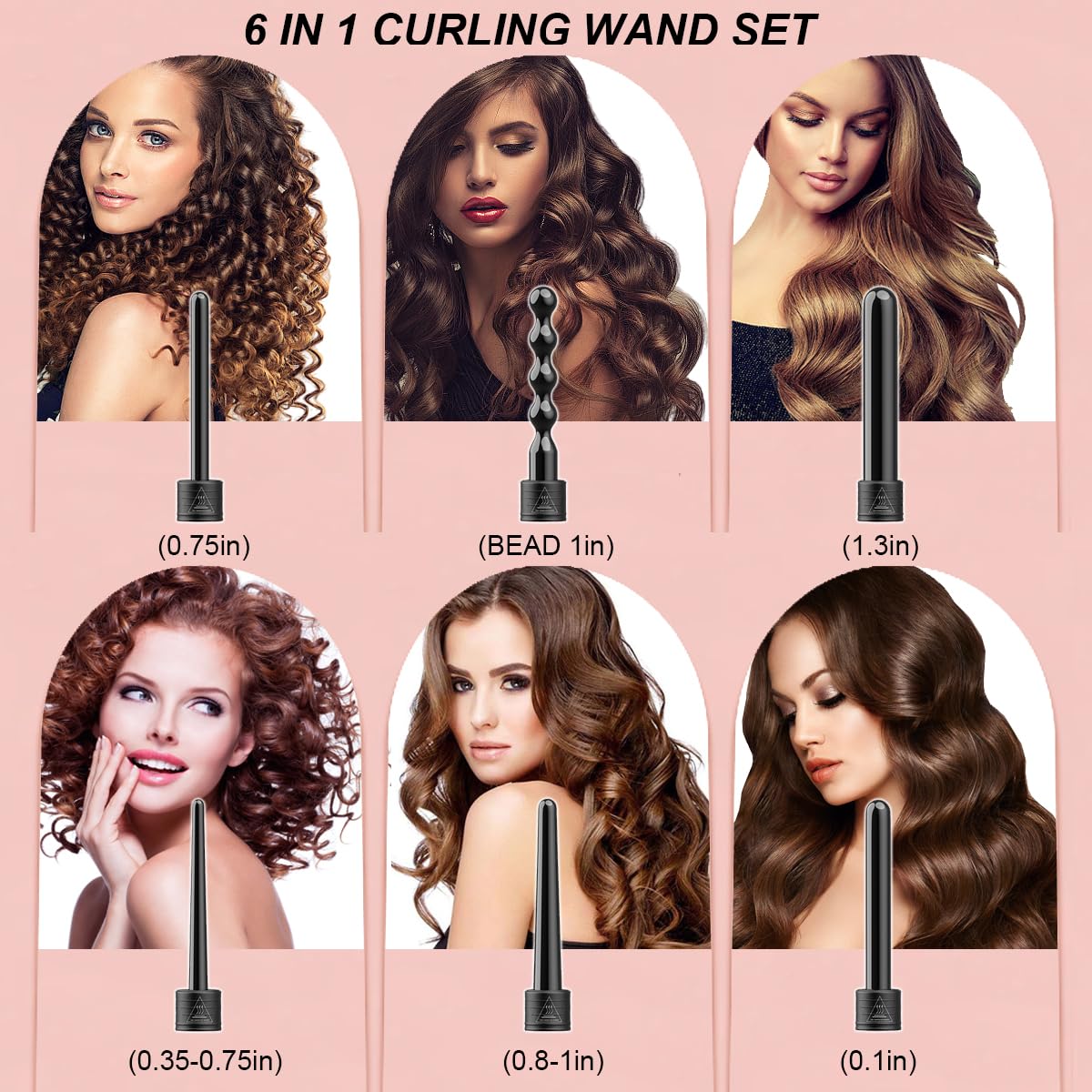 FMFJS 6 in 1 Wand Curling Iron Set, 6 Interchangeable Ceramic Barrel Curling Wands (0.35"-1"), Instant Heat Up(15S), Easy for Beginner with Heat Protective Glove, and 2 Clips