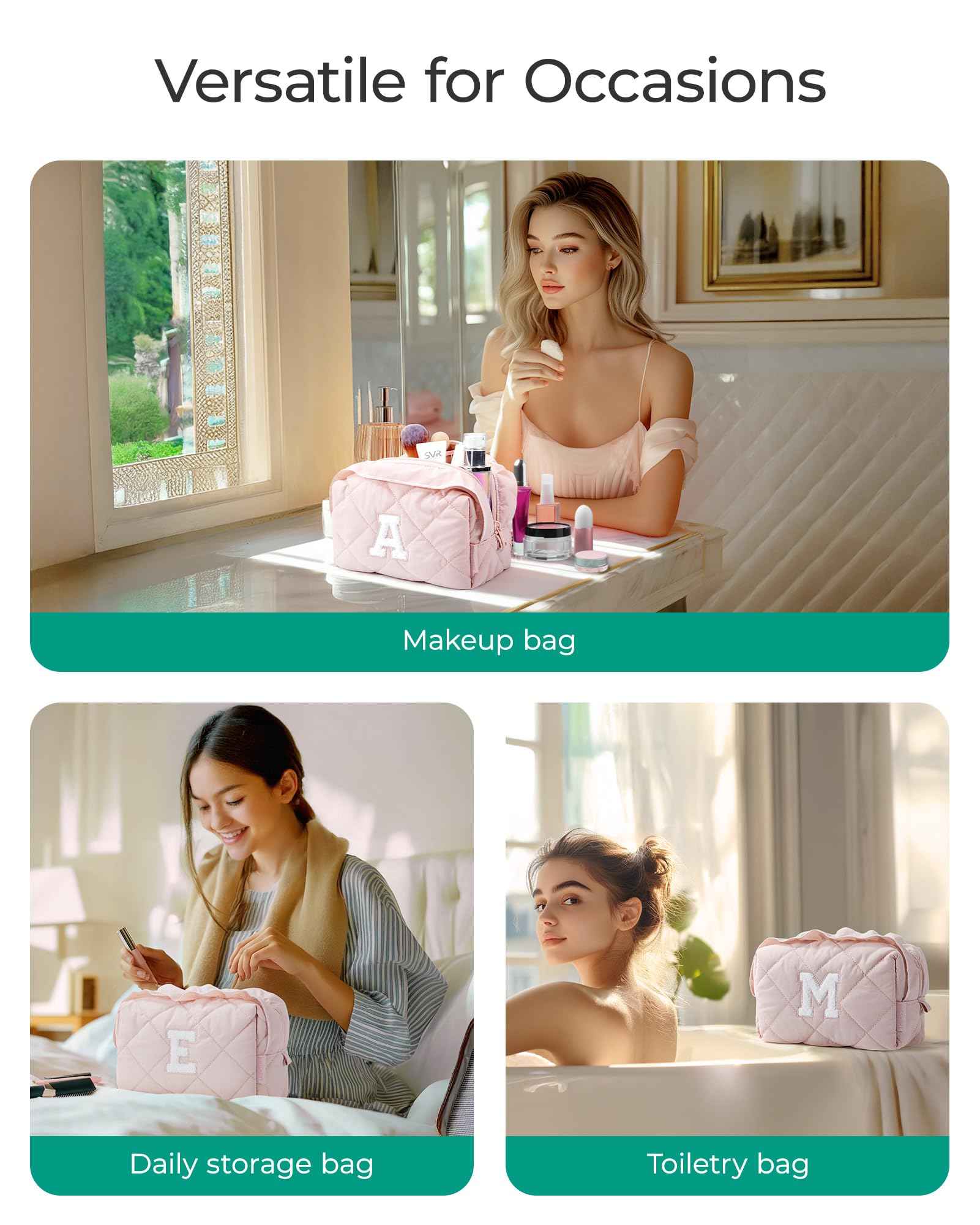 BAGSMART Elegant Roomy Makeup Bags (Initial-A-Pink)