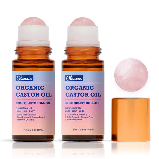 Olvaxin Organic Castor Oil Roll-On with Rose Quartz - 2 Pack x 1.7 fl oz(50mL) | Brown Glass Bottle, Cold Pressed, Hexane Free, Unrefined | Nourishing Oil for Face, Hair and Body