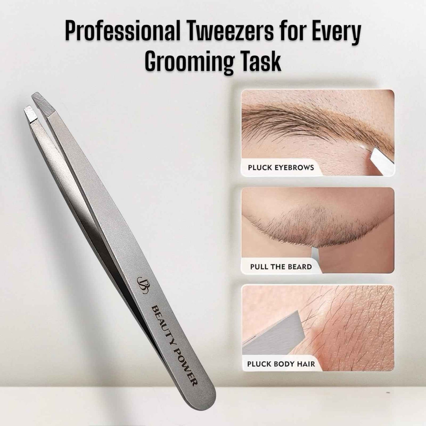 Beauty Power Ultra-Precision Professional Slant Tweezers for Women Facial Hair - German Stainless Steel, Lightweight Black Tweezers for Women & Men, Ideal for Eyebrow & Facial Grooming (Matte Gray)