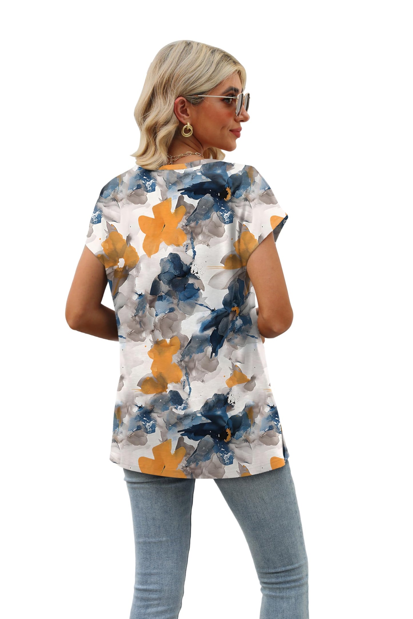 White Floral Tops for Women Dessy Casual Flower Printed V Neck Tshirts Short Sleeve Tops Print Yellow Blue Ink Flower S