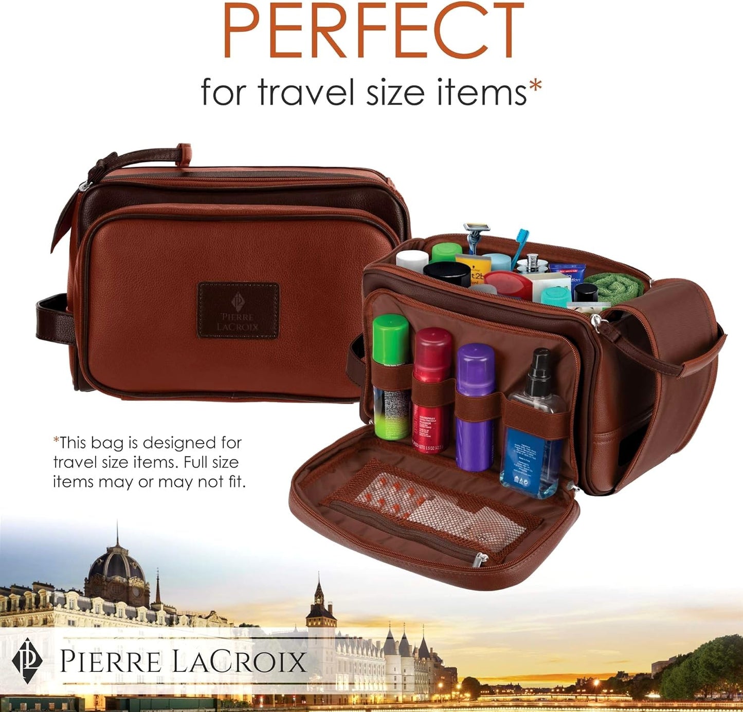 Cruelty-Free Leather Travel Toiletry Bag/Dopp Kit by Pierre LaCroix | Hand-Stitched Using Premium PU Leather and YKK Zippers | Leak Proof | (11"x7"x7")