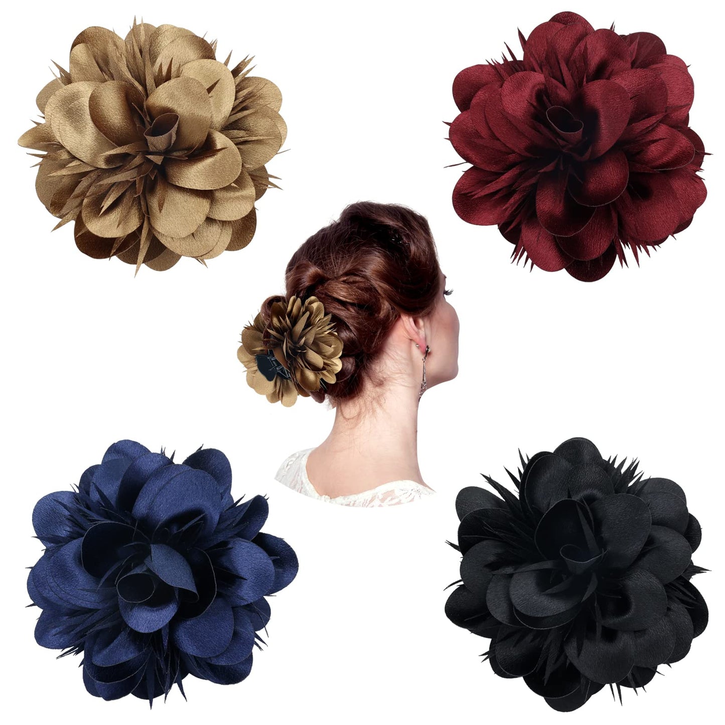 Dizila 4 Pack Plastic Hair Claws with Big Satin Flower Hair Clips Barrettes Jaws Grips Clamps Bun Updo Holders Hair Accessories for Women Girls