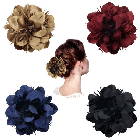 Dizila 4 Pack Plastic Hair Claws with Big Satin Flower Hair Clips Barrettes Jaws Grips Clamps Bun Updo Holders Hair Accessories for Women Girls