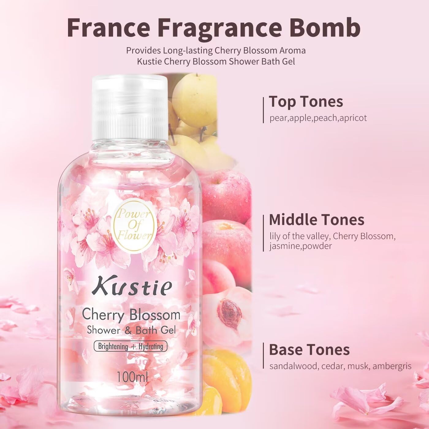 KUSTIE Travel Size Body Wash, Shower Gel, Body Wash Women With Real Cherry Blossom Petals, Deep Moisture For Dry Skin, 24hr Renewingr Mild And Lasting Fragrance (3.38oz)