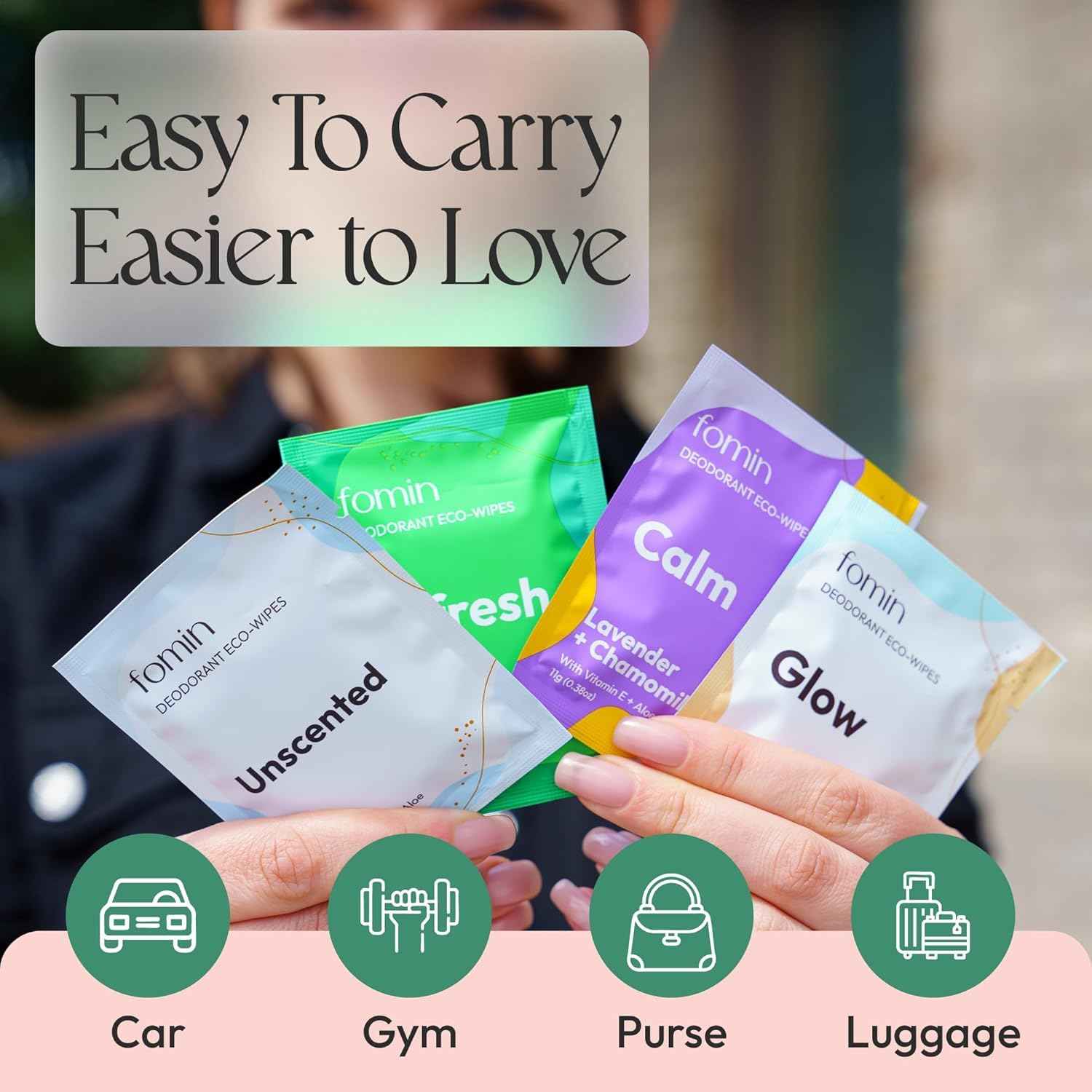 FOMIN Acidified Travel Deodorant Wipes For Women & Men - 100 Count - Variety Pack - pH Balanced, Mini Deodorant Travel Size Wipe - Plastic-Free, Individually Wrapped Underarm Body Wipes