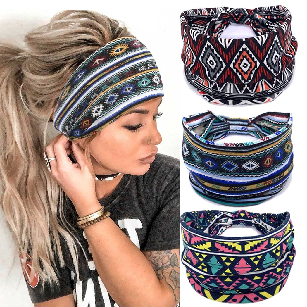 GORTIN Boho Headbands Leopard Hair Bands Knoted Turban Headband Stretch Twist Head Wraps Stripe Cloth Head Bands for Women and Girls 3 Pcs (Vintage)