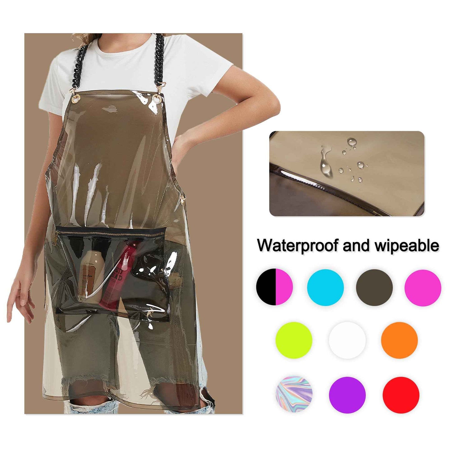 MIKI WELL Hair Stylist Apron for Women - Waterproof Barber Nail Tech Apron Hairdresser Hairstylist Salon Clear Aprons with Large Pocket, Black (22.83”W 29.5”L)