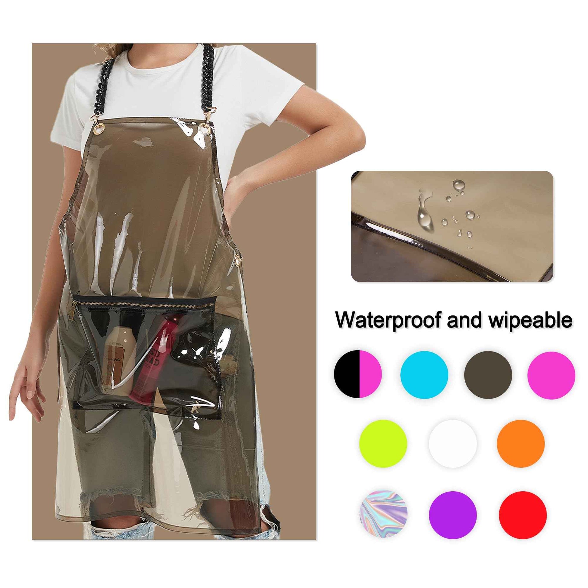 MIKI WELL Hair Stylist Apron for Women - Waterproof Barber Nail Tech Apron Hairdresser Hairstylist Salon Clear Aprons with Large Pocket, Black (22.83”W 29.5”L)