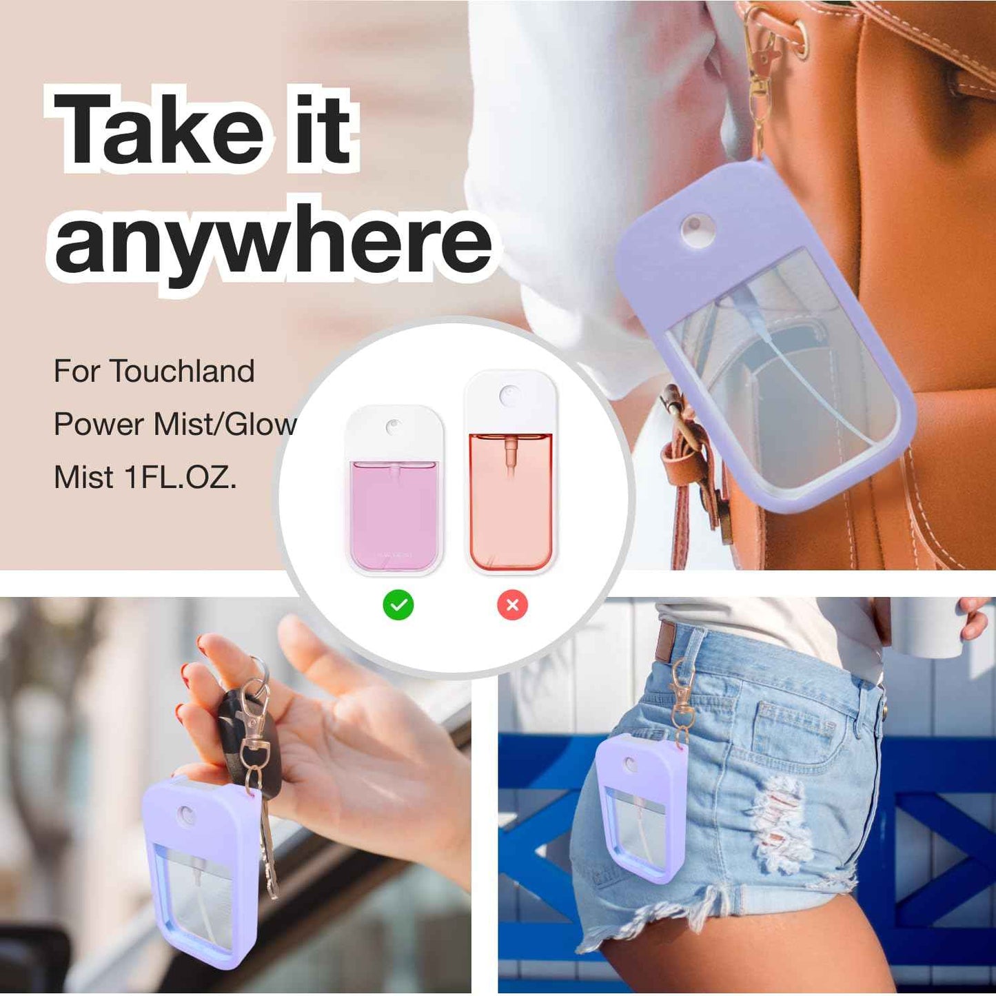 MILASONUS 5 PCS Soft Silicone Case for Touchland Power Mist (1FL. OZ./30 mL), Protective and Stylish Case with Keychain Compatible with Touchland Hand Sanitizer Spray (Orange/Red/Purple/Black/White)