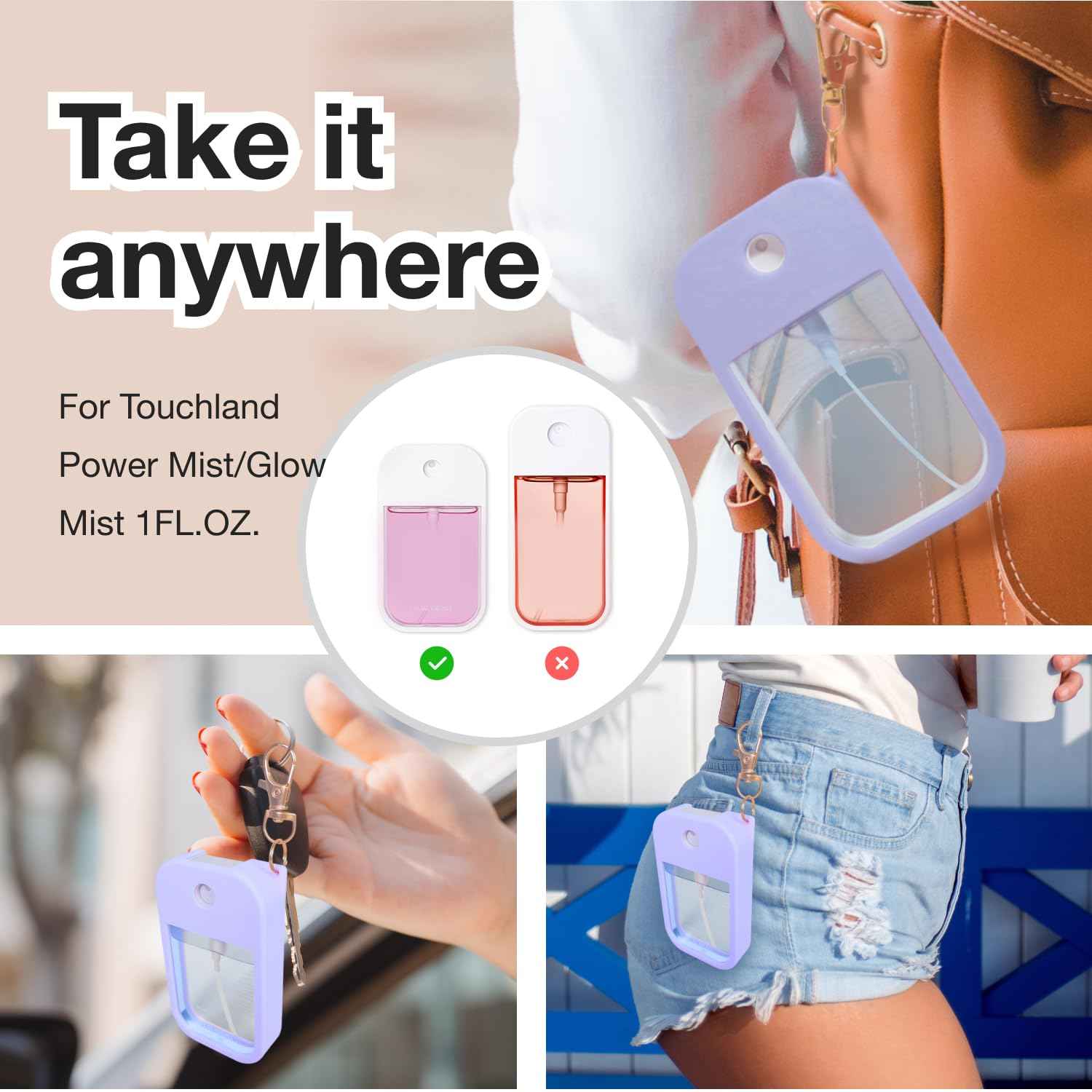 MILASONUS 5 PCS Soft Silicone Case for Touchland Power Mist (1FL. OZ./30 mL), Protective and Stylish Case with Keychain Compatible with Touchland Hand Sanitizer Spray (Orange/Red/Purple/Black/White)