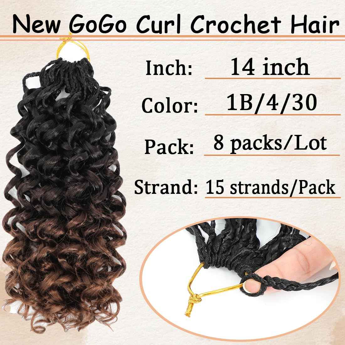Pre looped Gogo Curl Crochet Hair 14 Inch 8 Packs Pre twisted Short Curly Crochet Hair for Black Women Ocean Wave Braiding Hair Water Wave Deep Braiding Hair (14 inch 1B/4/30)