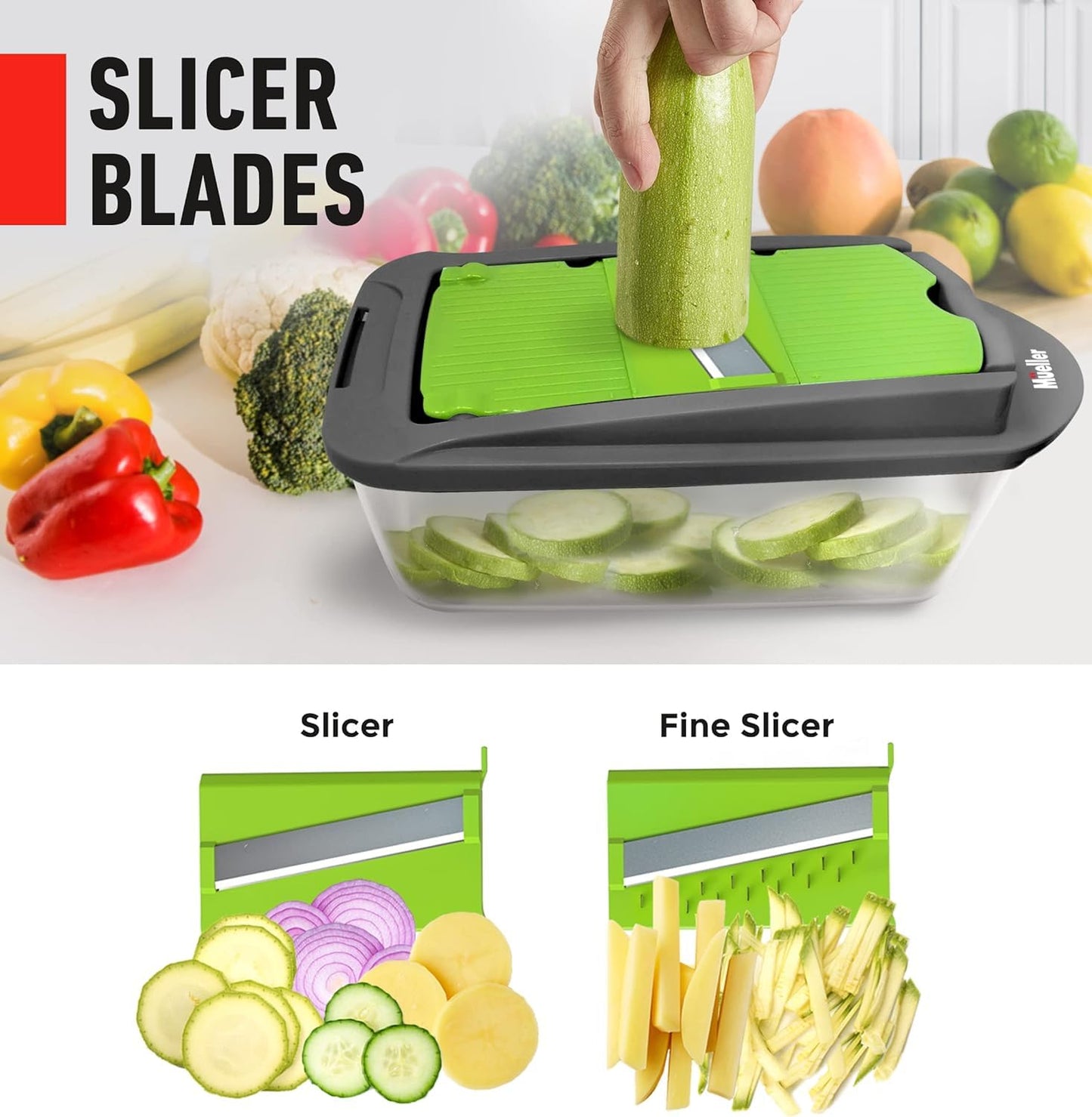 Mueller Pro-Series 10-in-1, 8 Blade Vegetable Chopper, Cutter, Dicer, Onion Mincer, Egg and Potato Slicer, Multi-Functional Kitchen Gadget for Vegetables and Salad Prep, Grey & Green