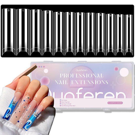 Quaferen No C Curve Nail Tips, 240Pcs 2XL Extra Long Clear Tapered Square Flat Straight Nail Tips, Half Cover Acrylic Nail Tips Square Fake Nails for Nail Art Salon Home 12 Sizes