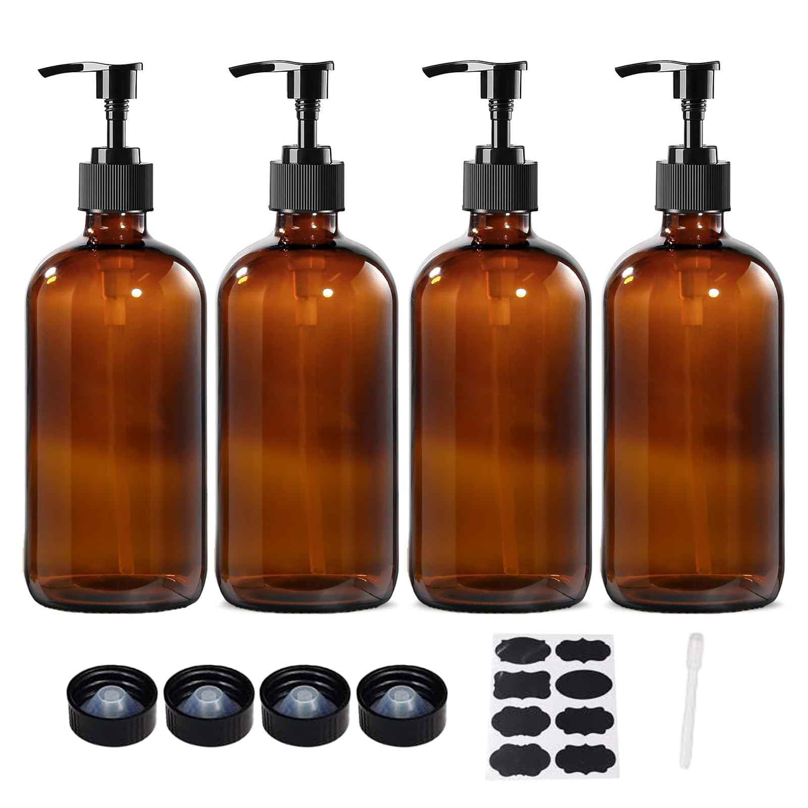 BPFY 4 Pack 16 oz Amber Glass Bottles with Pumps for Shampoo, Essential Oils, Cleaning Products, Lotions, Aromatherapy Oil, Pump Bottles, Refillable Containers with Cap, 8 Chalk Labels, 1 Pen