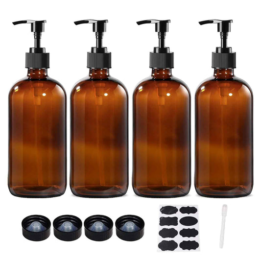 BPFY 4 Pack 16 oz Amber Glass Bottles with Pumps for Shampoo, Essential Oils, Cleaning Products, Lotions, Aromatherapy Oil, Pump Bottles, Refillable Containers with Cap, 8 Chalk Labels, 1 Pen
