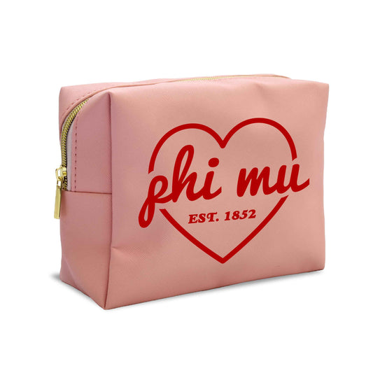 Sorority Shop Phi Mu Makeup Bag - Multi-Purpose PU Leather, Water-Resistant Makeup travel bag with Licensed Design and Zipper Closure, Perfect Phi Mu Sorority Gifts for Women